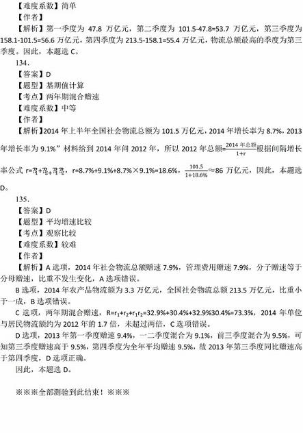 2016年国家公务员考试试题答案解析：行测资料分析（省部级）